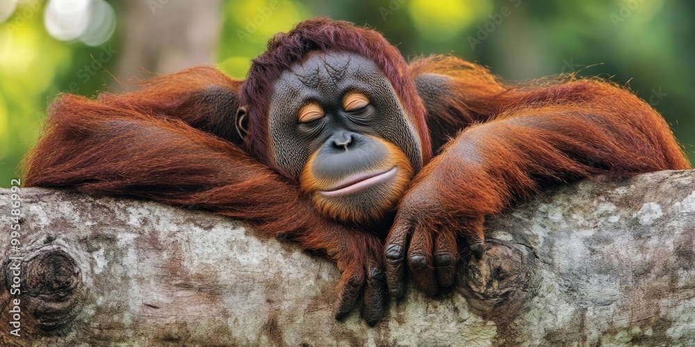 Fototapeta premium A peaceful orangutan rests on a tree branch, eyes closed in contentment. This serene wildlife scene captures the beauty and calmness of nature. Ideal for nature lovers. AI