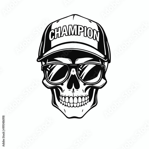 a black and white illustration of a skull wearing a baseball cap with the word CHAMPION