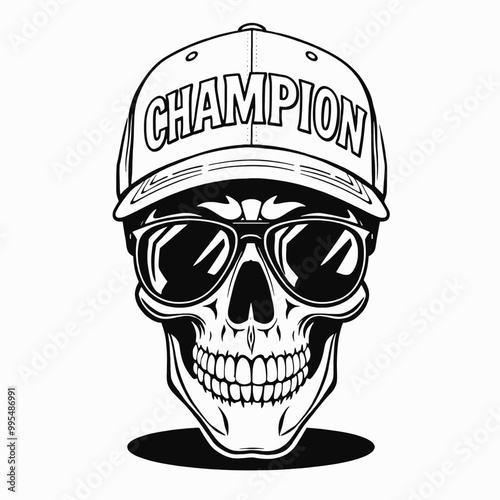 a black and white illustration of a skull wearing a baseball cap with the word CHAMPION