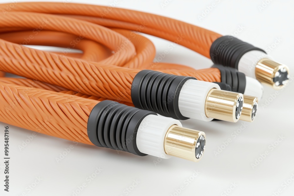 Close up of orange coaxial cables with metallic connectors representing data transfer technology electronic components and secure communication in modern IT systems Close up of orange coaxial cables with metallic connectors representing data transfer technology electronic components and secure communication in modern IT systems