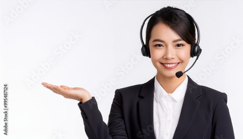  portrait of a cheerful and attractive helpdesk service specialist holding a blank space for copy, isolated against a white background.