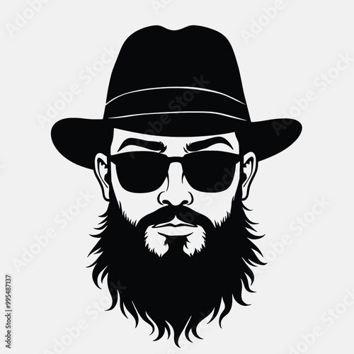 a black and white silhouette of a man's face. The man has a mustache and a beard, and he is wearing a fedora hat