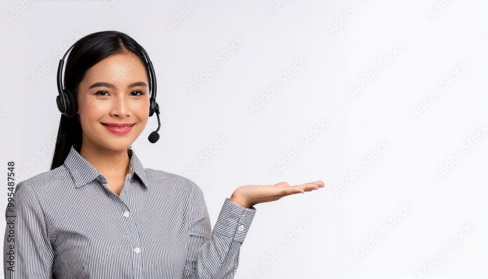 portrait of a cheerful and attractive helpdesk service specialist holding a blank space for copy, isolated against a white background. portrait of a cheerful and attractive helpdesk service specialist holding a blank space for copy, isolated against a white background.