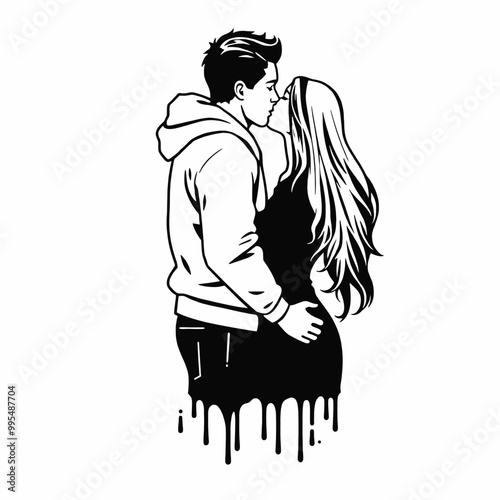 silhouette of a couple embracing and kissing. The figures are stylishly