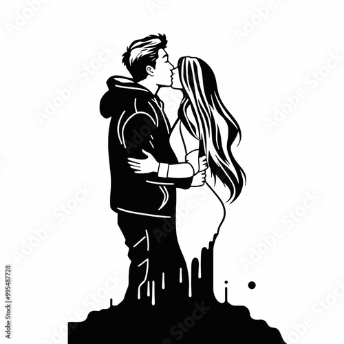 silhouette of a couple embracing and kissing. The figures are stylishly