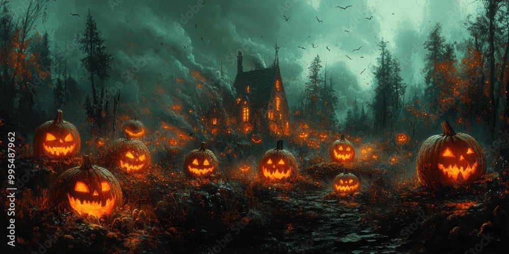 On Halloween night, carved pumpkins illuminate the path with an eerie glow On Halloween night, carved pumpkins illuminate the path with an eerie glow
