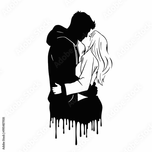 silhouette of a couple embracing and kissing. The figures are stylishly