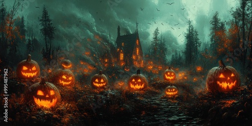On Halloween night, carved pumpkins illuminate the path with an eerie glow