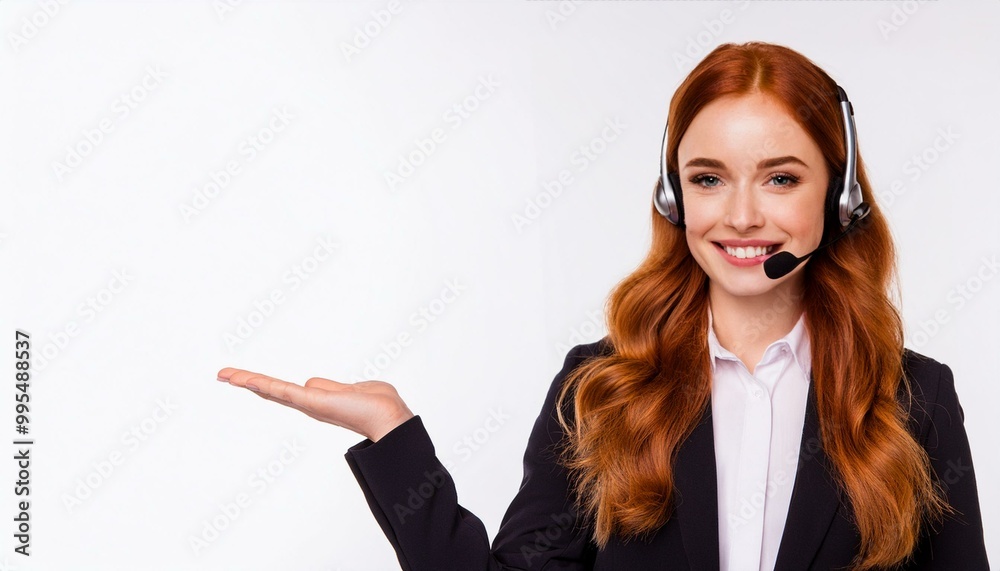 A portrait of a cheerful and attractive helpdesk service specialist holding a blank space for copy, isolated against a white background. A portrait of a cheerful and attractive helpdesk service specialist holding a blank space for copy, isolated against a white background.