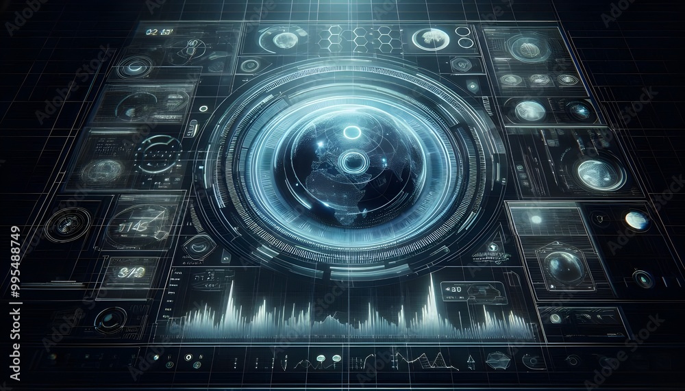 Fototapeta premium Hologram projection on a digital screen with different data and parameters.