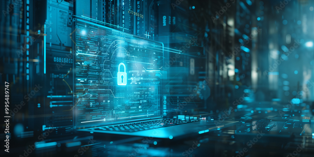 Digital padlock glowing on a laptop keyboard is protecting data from cyberattacks Digital padlock glowing on a laptop keyboard is protecting data from cyberattacks