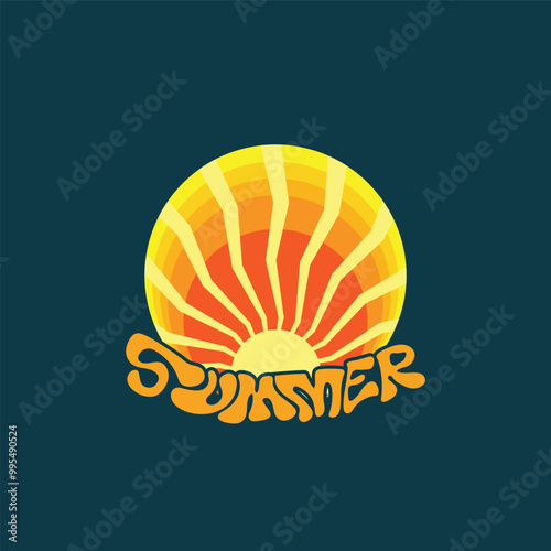 Summer beach sticker with a surfer theme. Emblem with sea wave surfboard and palm tree. Sticker or label or t-shirt print, emblem.
 photo