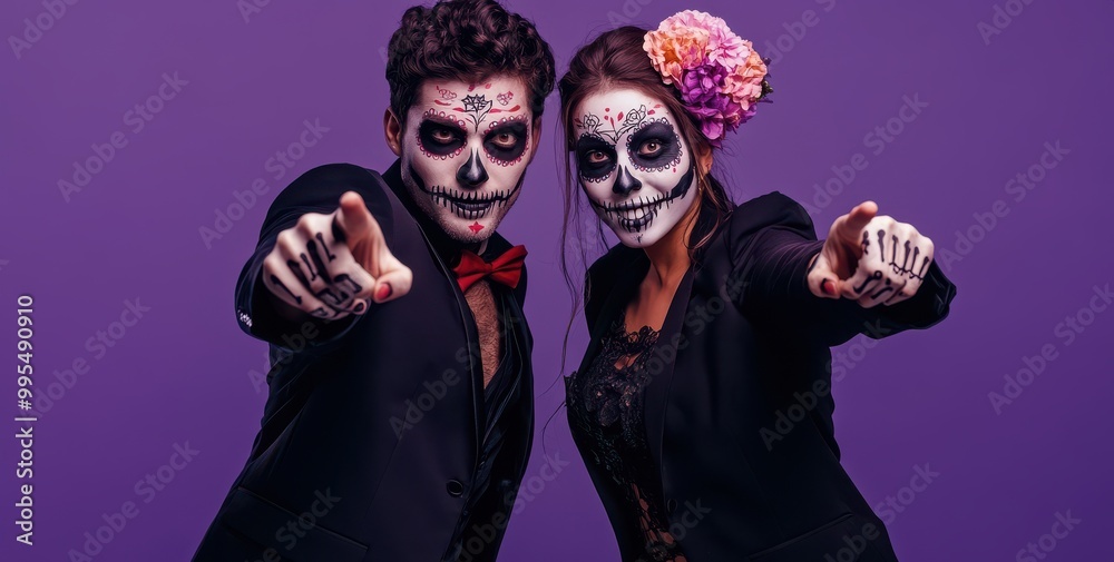 Couple in Day of the Dead makeup pointing at camera, festive celebration
Couple in Day of the Dead makeup pointing at camera, festive celebration