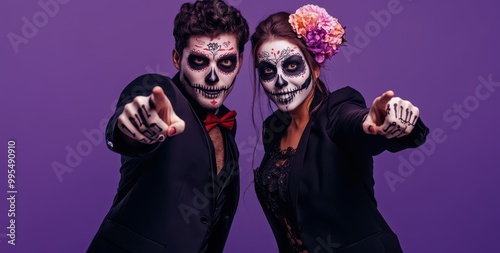 Couple in Day of the Dead makeup pointing at camera, festive celebration
