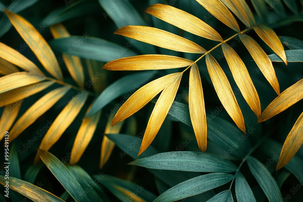 Golden Palm Leaves Against Dark Green Foliage Golden Palm Leaves Against Dark Green Foliage