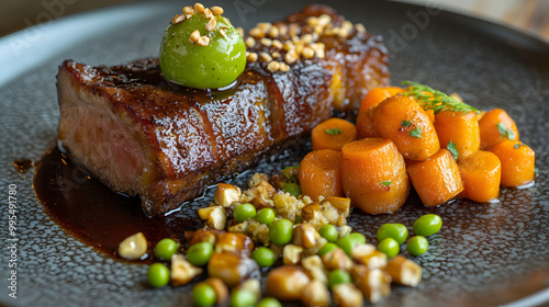 Enchanted Forest Feast: Wild Boar Rib with Glowing Fruit and Golden Farofa photo