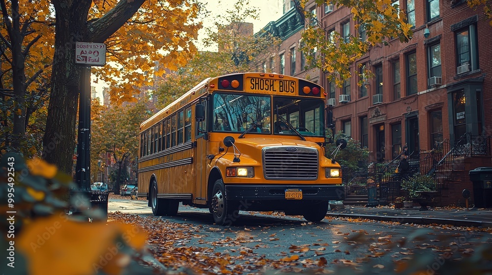 Obraz premium A yellow school bus navigates a tree-lined street adorned in vibrant autumn leaves during a peaceful afternoon in a bustling neighborhood