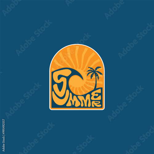 Summer beach sticker with a surfer theme. Emblem with sea wave surfboard and palm tree. Sticker or label or t-shirt print, emblem.
