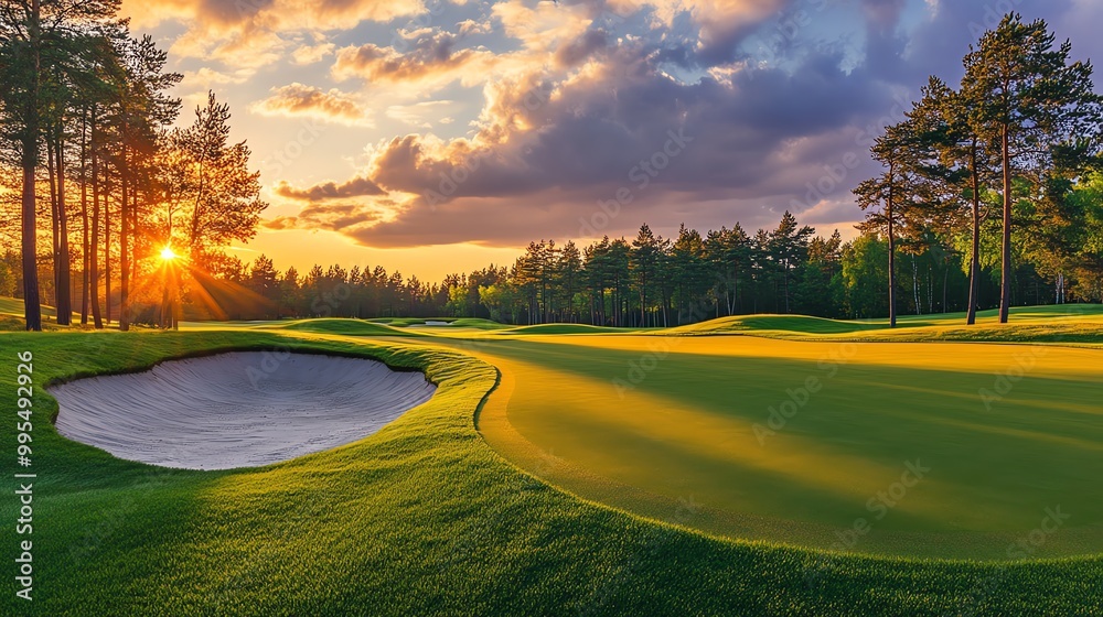 Stunning sunset over a serene golf course, highlighting lush greens and tranquil surroundings, perfect for nature lovers and golfers. Stunning sunset over a serene golf course, highlighting lush greens and tranquil surroundings, perfect for nature lovers and golfers.