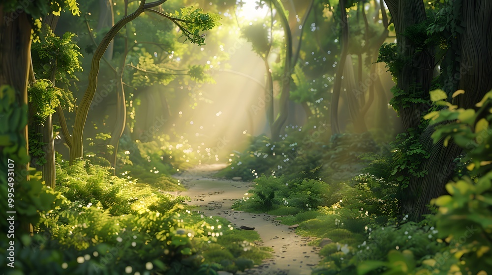 Obraz premium A serene forest path illuminated by sunlight, surrounded by lush greenery and vibrant plants.