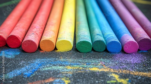 Vibrant sidewalk chalk creation portrays a rainbow adorning the ground, inviting imagination and creativity. Perfect backdrop for kids' play and educational activities