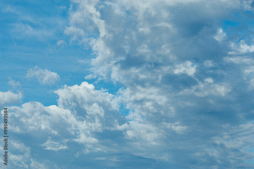 The image depicts a serene and expansive sky filled with a variety of fluffy, white clouds against a vibrant blue backdrop. The image depicts a serene and expansive sky filled with a variety of fluffy, white clouds against a vibrant blue backdrop.