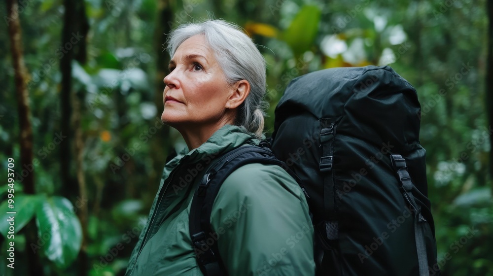 Elderly woman with gray hair wearing a green jacket and carrying a large black backpack while hiking through a lush forest.. Elderly woman with gray hair wearing a green jacket and carrying a large black backpack while hiking through a lush forest..