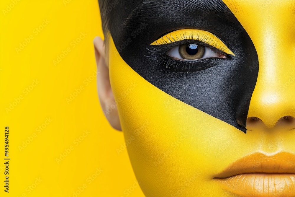 Woman with yellow and black face paint. She has black eyeliner and yellow eyeshadow. yellow and black, vivid, minimalist, beautiful face Woman with yellow and black face paint. She has black eyeliner and yellow eyeshadow. yellow and black, vivid, minimalist, beautiful face