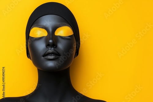 Woman with black and yellow makeup on her face. She is wearing a black hat. The background is yellow. chaos. yellow and black, vivid, minimalist, beautiful face