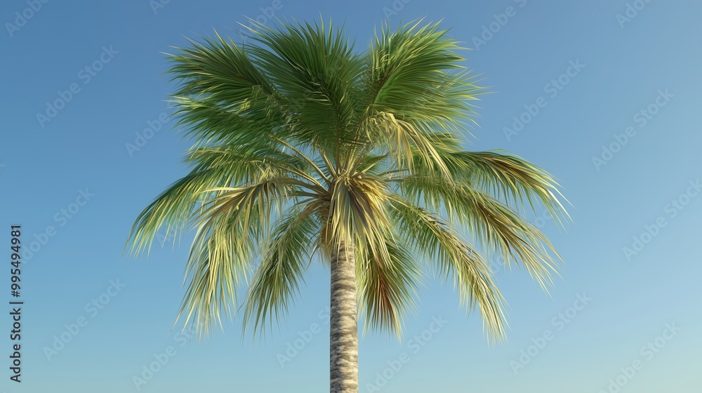 Tall palm tree under a clear blue sky on a warm sunny day in a tropical setting by the coast Tall palm tree under a clear blue sky on a warm sunny day in a tropical setting by the coast