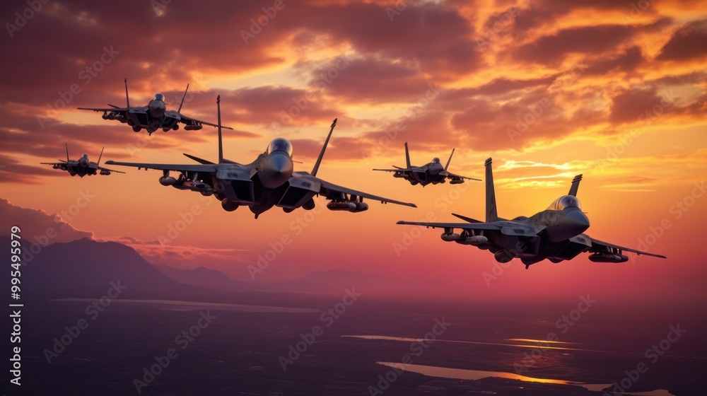 Fighter Jets Flying in Formation at Sunset Fighter Jets Flying in Formation at Sunset