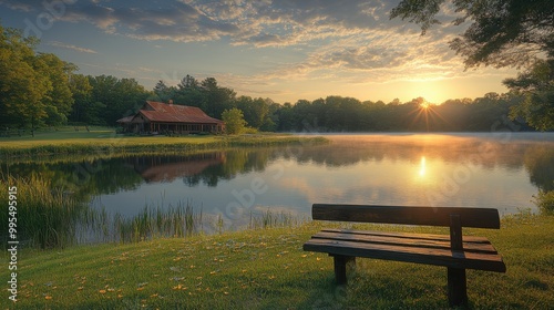 A tranquil view of a lakeside farm retreat, where guests can relax and enjoy fishing or kayaking in the serene environment 