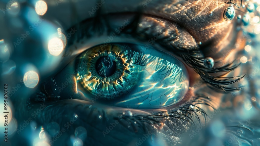 A close-up of an eye reflecting water and light, showcasing vivid colors and intricate details in a mesmerizing view.