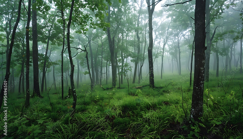 Fototapeta premium Foggy forest with pine trees in the foreground