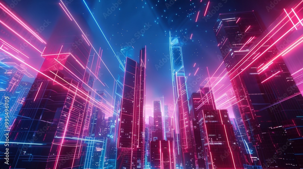 Fototapeta premium Futuristic cityscape with neon lights shining through high skyscrapers, creating a vibrant urban atmosphere and dynamic visuals.