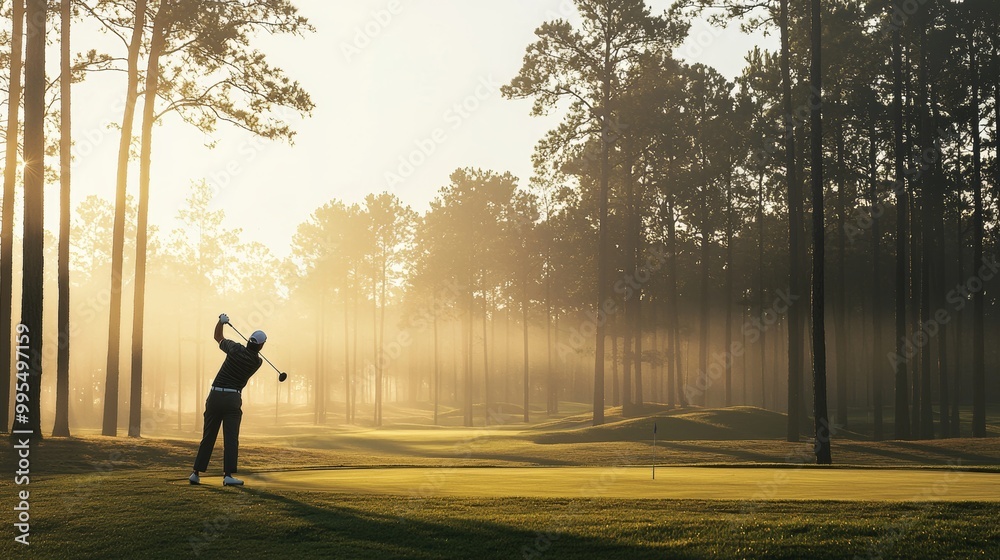 Man in golf attire swinging a club at dawn on a misty course, with morning sunlight casting long shadows among tall pines. Man in golf attire swinging a club at dawn on a misty course, with morning sunlight casting long shadows among tall pines.