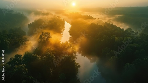 A mesmerizing sunrise over a lush forest with a river winding through the trees.