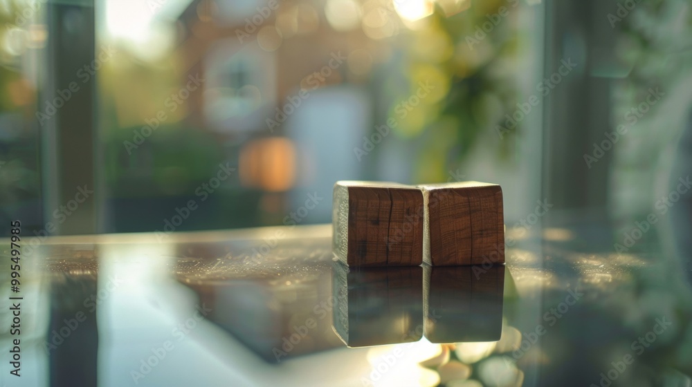 Two wooden blocks reflect light on a glass table in a warm, softly lit room with greenery in the background. Two wooden blocks reflect light on a glass table in a warm, softly lit room with greenery in the background.
