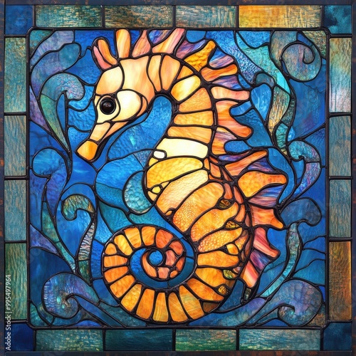 Stained glass seahorse with intricate details and a vibrant blue background
 photo