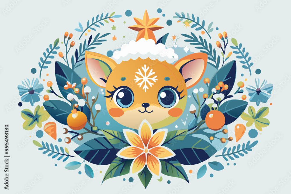 Charming Cartoon Deer with Festive Winter Floral Wreath Illustration