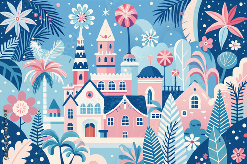Whimsical Fairytale Town Illustration with Tropical Flora