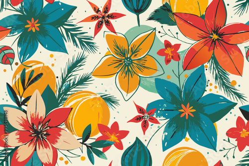 Vibrant Tropical Floral Pattern with Exotic Plants Illustration