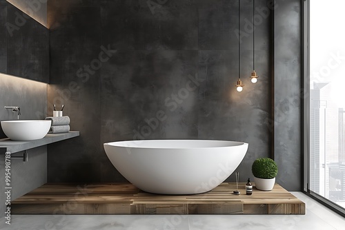 Interior of modern bathroom with wooden and glass walls