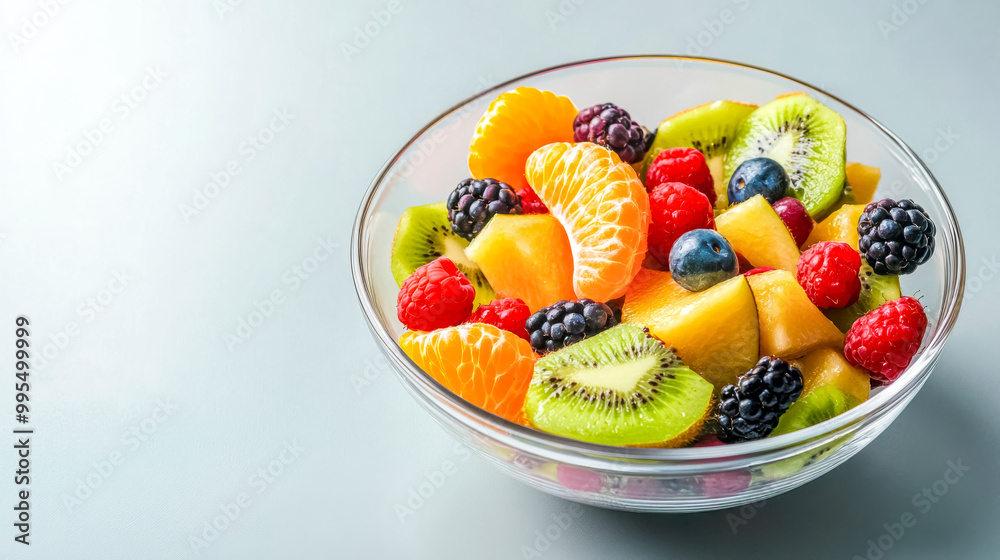 Glass bowl overflowing with fresh fruit salad on blue background Glass bowl overflowing with fresh fruit salad on blue background