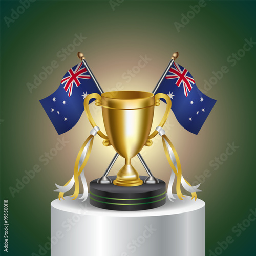 Gold trophy with Australia flag and cup with and without cover on gradation color background. Rewards for successful sports