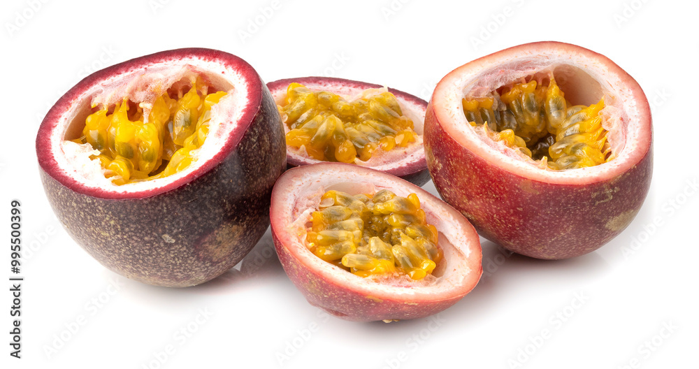 Red passion fruit with yellow pulp isolated on white background. Red passion fruit with yellow pulp isolated on white background.