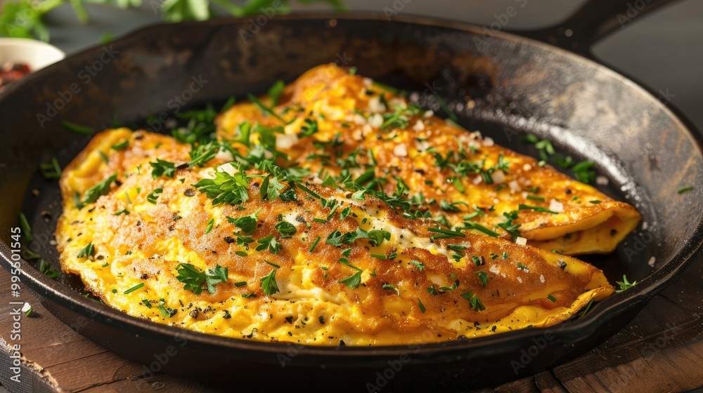 A perfectly folded omelet with herbs and cheese. A perfectly folded omelet with herbs and cheese.
