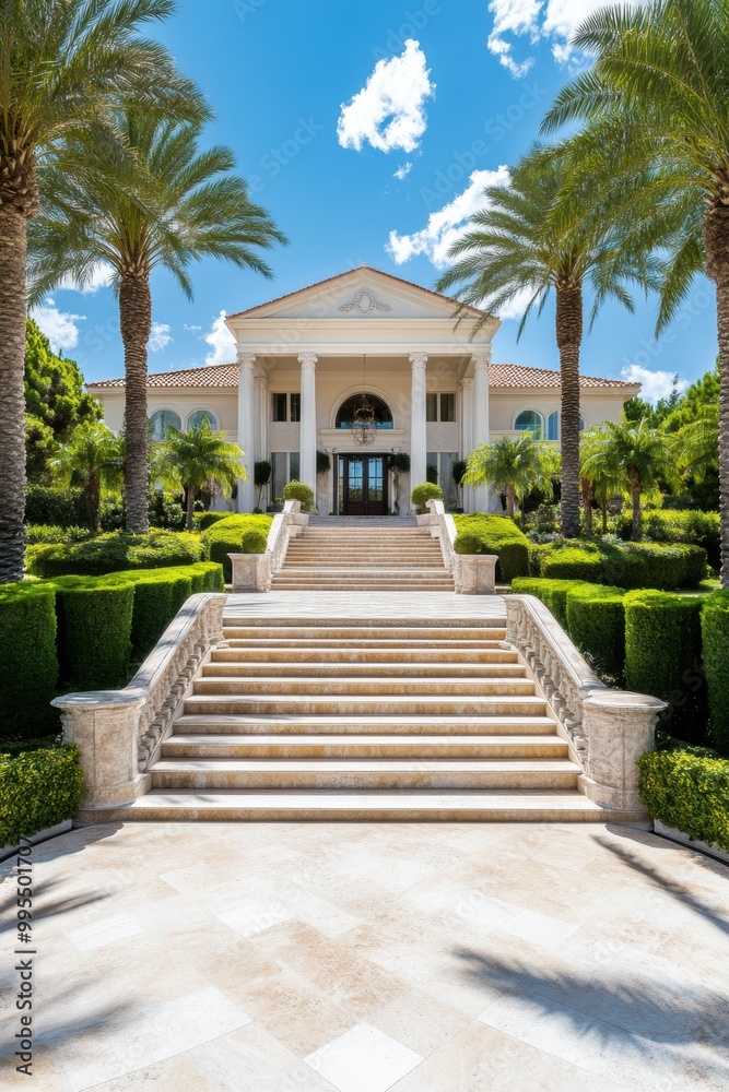 A luxurious mansion with palm trees, a grand staircase, and manicured gardens under a bright blue sky. A luxurious mansion with palm trees, a grand staircase, and manicured gardens under a bright blue sky.
