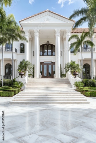 A grand mansion featuring elegant columns, a spacious staircase, and lush greenery, set against a clear blue sky.