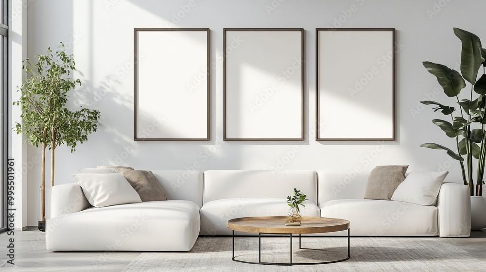 Fototapeta premium Light living room with sofas, a rattan table, and a soft carpet. 
